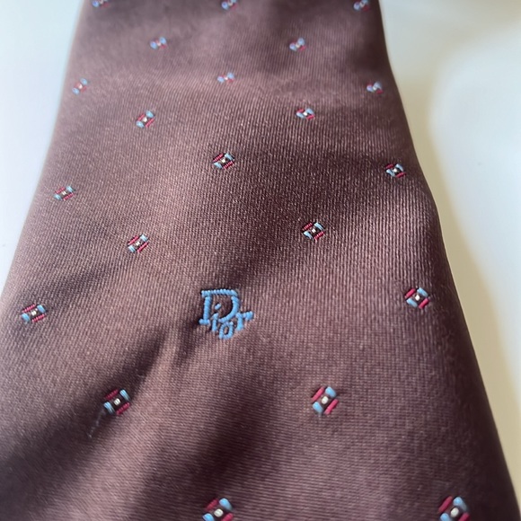 Christian Dior Brown NeckTie with Blue Emblem and Blue, Red & Gold Design - Picture 6 of 6